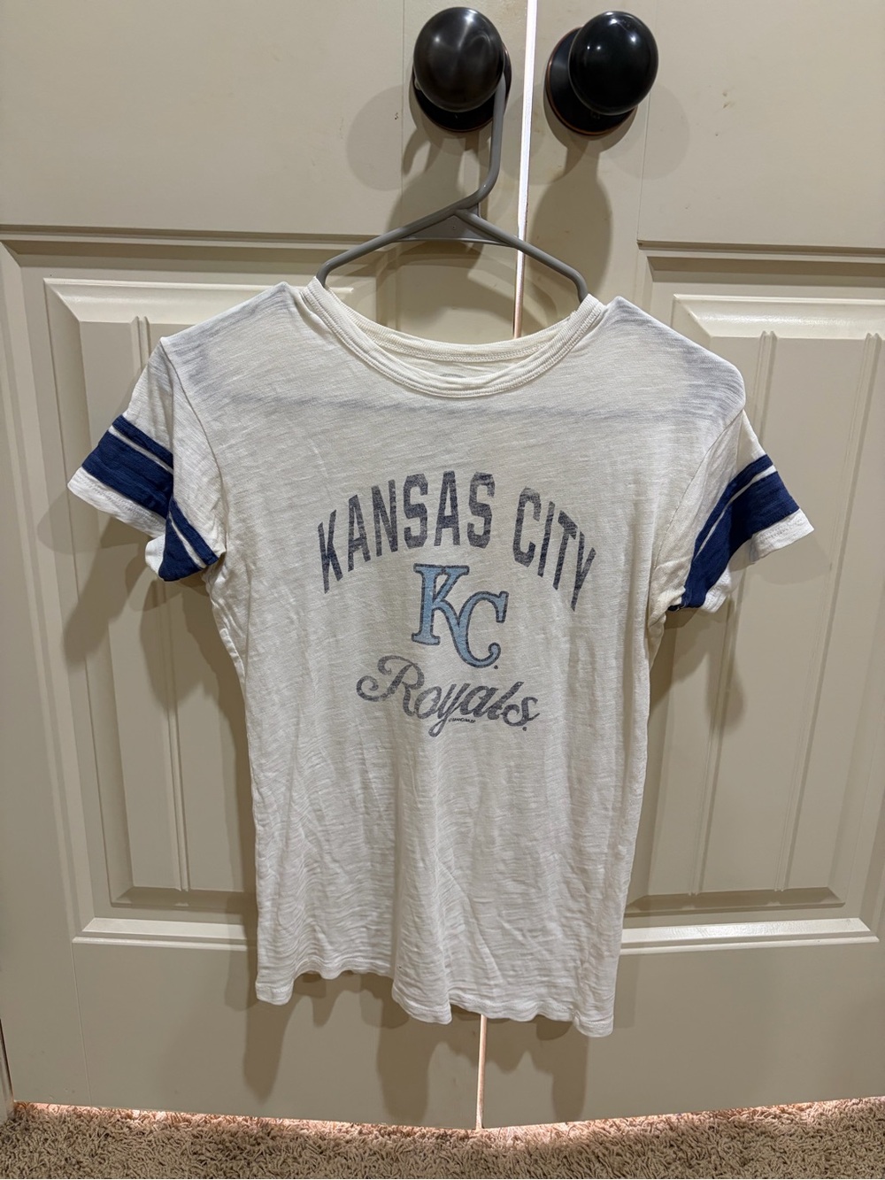 Kansas City Royals Women's White Short Sleeve Tee with Blue Sleeve Stripes